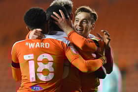 Dan Kemp celebrates his first Blackpool goal against Leeds Under-21s