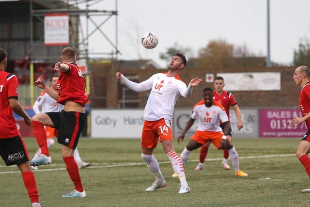 Gary Madine shared the goals with Jerry Yates in Blackpool's FA Cup win at Eastbourne Borough