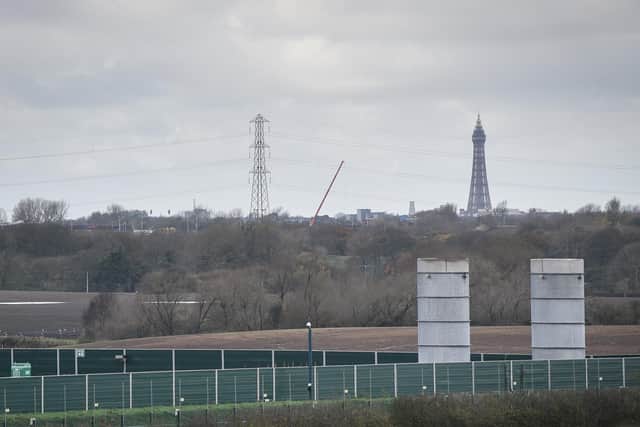The fracking site at Little Plumpton off the Preston New Road. The two gas flaring towers near the wellhead can still be seen in the security compound, but most of the other equipment has been removed from the site