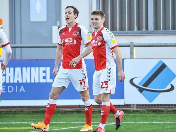 Sam Finley (right) celebrates his first Fleetwood goal with Josh Morris