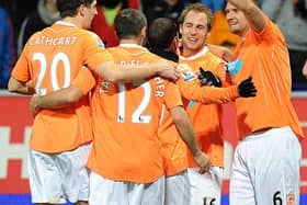 Blackpool celebrate Luke Varney's goal against Bolton Wanderers   Picture: PA