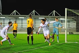 Luke Conlan scores Fylde's third against Bradford (Park Avenue) but there was a late twist at Mill Farm  Picture: STEVE MCLELLAN