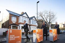 Cabin Crew (left to right) Matteo Lorenzini, Hanna Essemiani and Charlotte Kelson celebrate easyJet's 25th birthday, as the airline launches the world's first inflight trolley service at home