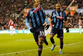 DJ Campbell celebrates his winning goal in Blackpool's win at Stoke City