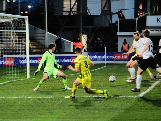 Nobody gets on the end of Kurt Willoughby's cross for Fylde at Hereford
Picture: STEVE MCLELLAN