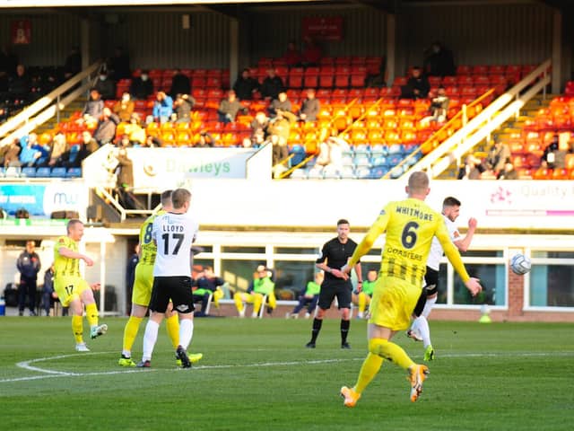 AFC Fylde could not build on the lead provided by this David Perkins goal at Hereford
Picture: STEVE MCLELLAN