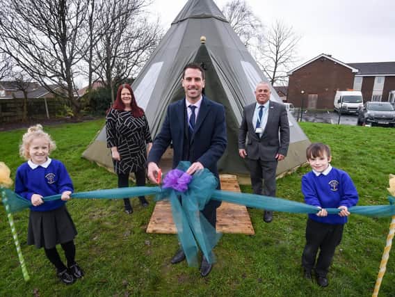 Opening of a new teepee at Mereside Primary.  MP Scott Benton opens the new tent with pupils , headteacher Samantha Upton and John Topping from FCAT.