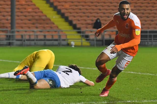Keshi Anderson celebrates after scoring Blackpool's second goal