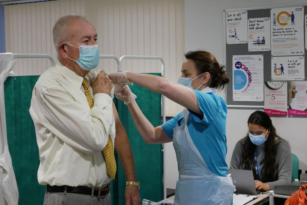 David Bradbury receives a vaccine in Lytham from Dr Ruth Mason