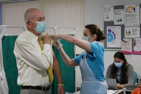 David Bradbury receives a vaccine in Lytham from Dr Ruth Mason