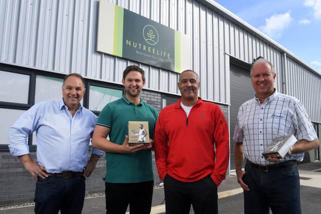 Nutree Life in Preston makes protein bars for Olympian Daley Thompson. Pictured are Decathlete Daley Thompson , with Gary Barnshaw, Adam Hodgkinson and Patrick Mroczak