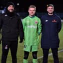 Aaron Lancaster (centre) impressed on his Fylde debut in the FA Trophy but the Coasters are set to have a new keeper for the third round at Boston