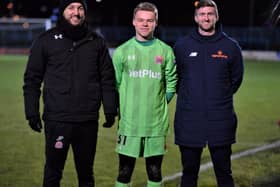Aaron Lancaster (centre) impressed on his Fylde debut in the FA Trophy but the Coasters are set to have a new keeper for the third round at Boston