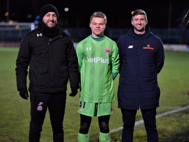 Aaron Lancaster (centre) impressed on his Fylde debut in the FA Trophy but the Coasters are set to have a new keeper for the third round at Boston