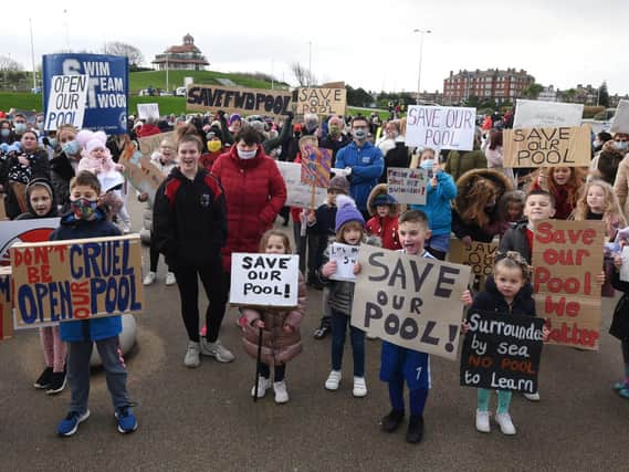 A large crowd gathered to show their support and protest the closure of YMCA Fleetwood Swimming Pool and gym, Marine Splash, Fleetwood.  Members of the community brought handmade signs and took turns to voice their concerns and anger if the pool closed for good.
