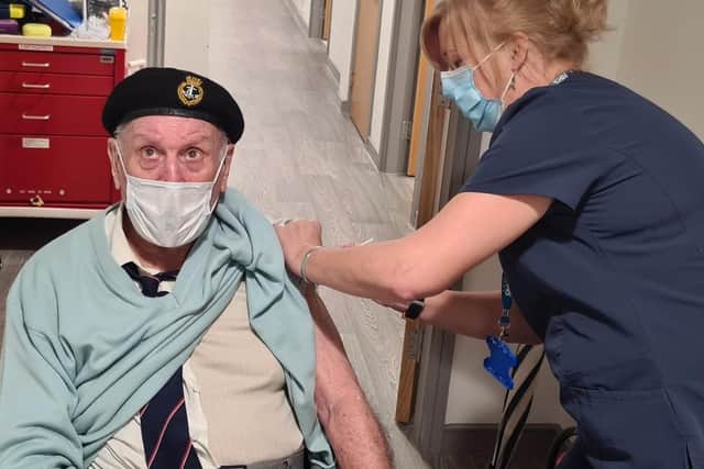 Terry Best, 100, became the first person in Wyre to have his first Covid-19 vaccine jab on Monday (Picture: Fylde Coast CCGs/Twitter)