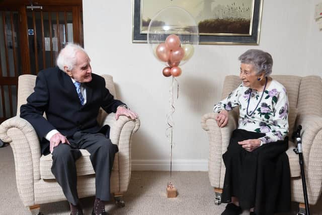 Denis Smith and Muriel Ingham chatting at The Homestead in Lytham