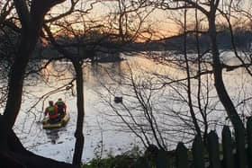 Firefighters rescued the swan from the ice using swift water rescue equipment and a sled yesterday afternoon (Wednesday, January 6)