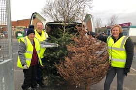 Volunteers Howard and Elaine Midgley with Helen Roe from Trinity’s Fundraising Team during last year’s Christmas tree collection