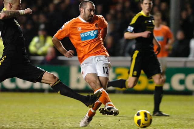 Gary Taylor-Fletcher scores Blackpool's equaliser in their win against Liverpool