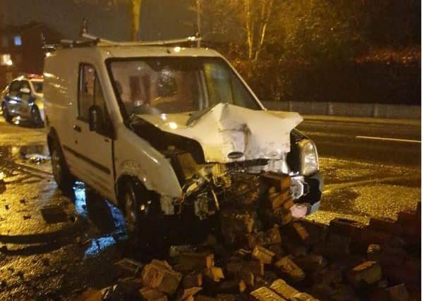 The scene of the second crash in Clifton Road, Blackpool. Two men have been arrested after the stolen van crashed into a car, two walls and a telephone pole in the resort overnight.