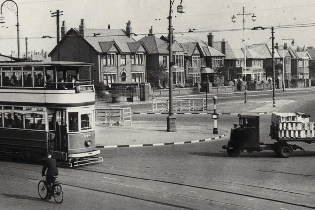 Oxford Square in Marton during World War II. Kerb stones and lamposts are painted to be noticed during blackouts