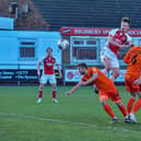 Fleetwood Town's Callum Connolly heads just wide of goal    Picture: Stephen Buckley/PRiME Media Images Limited