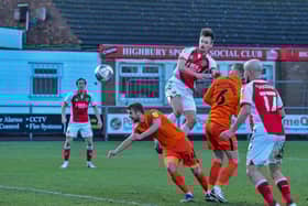 Fleetwood Town's Callum Connolly heads just wide of goal    Picture: Stephen Buckley/PRiME Media Images Limited