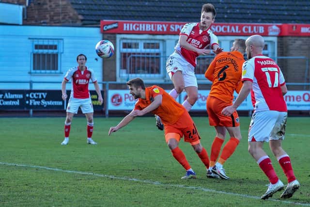 Fleetwood Town's Callum Connolly heads just wide of goal Picture: Stephen Buckley/PRiME Media Images Limited