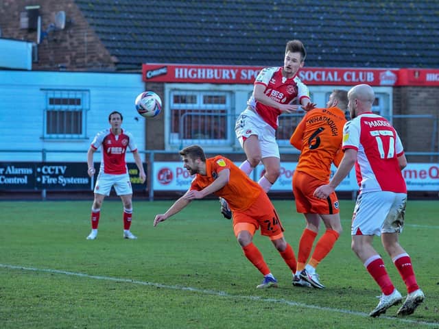 Fleetwood Town's Callum Connolly heads just wide of goal    Picture: Stephen Buckley/PRiME Media Images Limited