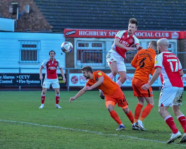 Fleetwood Town's Callum Connolly heads just wide of goal    Picture: Stephen Buckley/PRiME Media Images Limited