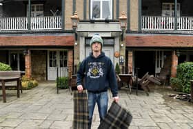 Landlord Liam Fairey pictured outside the Ribchester Arms after the last flood in February 2020