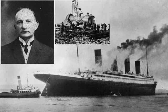 Main image: The £1,500,000 luxury White Star liner Titanic, which sank on its maiden voyage to America in 1912, seen here on trials in Belfast Lough. (Photo by Topical Press Agency/Getty Images)
Inset left: Charles Greame
Inset right: The engine amid the wreckage of the Warton signal box in the aftermath of the Lytham rail crash in Lancashire, 4th November 1924. The accident happened the previous day when the Liverpool express travelling to Blackpool derailed after one of the locomotive's front tyres fractured. Fourteen people were killed in the accident. (Photo by Topical Press Agency/Hulton Archive/Getty Images)