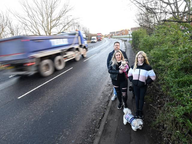 Residents close to Bourne Road in Thornton want traffic calming measures and better footpaths and lighting installed due to speeding cars and trucks. Pictured are Lindsay Gemmell and Robert Goodwin with Millie Gemmell at the spot where they were nearly hit by a car.