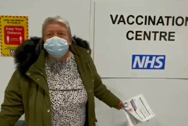 One of the first patients to get the potentially life-saving jab at Blackpool's Winter Gardens this morning (Monday, January 25)