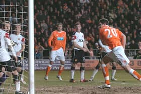 Craig Cathcart heads Blackpool in front against Manchester United