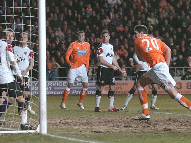 Craig Cathcart heads Blackpool in front against Manchester United