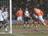Craig Cathcart heads Blackpool in front against Manchester United