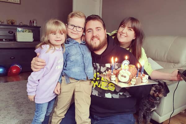 Adam Fishwick, 30, is battling Covid-19 on a ventilator in ICU at Blackpool Vic. He is pictured with partner Hayley, daughter Olivia, four, and son Owen, six. Photo: Hayley Sharples