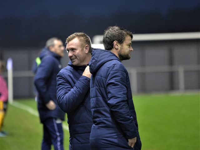 Nick Chadwick (left) will prepare as normal for Fylde's season to resume this weekend unless told otherwise