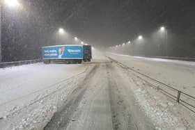 Lorry jacknifed in the snow on the M62 near Rochdale. Pic: West Yorkshire Police
