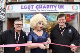 The official opening of LGBT Charity UK shop on Talbot Road in february last year.. L-R are John Conway, The Duchess and Luke Conway.