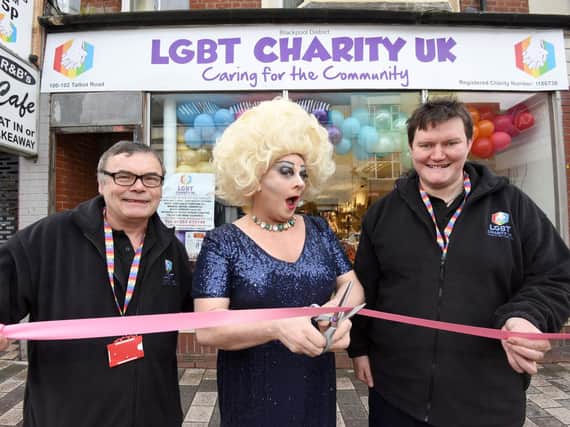 The official opening of LGBT Charity UK shop on Talbot Road in february last year.. L-R are John Conway, The Duchess and Luke Conway.