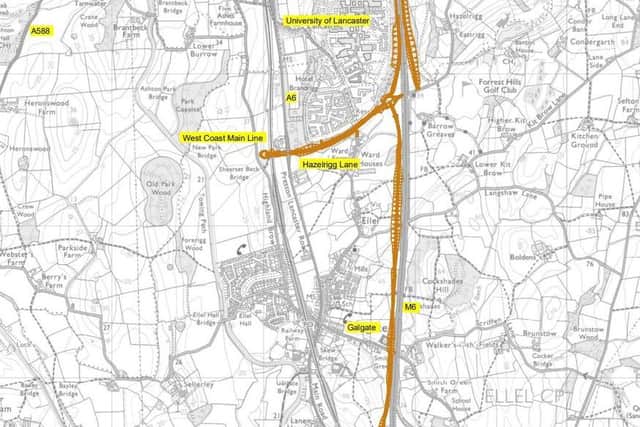 The preferred route of the new South Lancaster link road and Bailrigg Garden Village spine road (image: Ordnance Survey/Lancashire County Council)