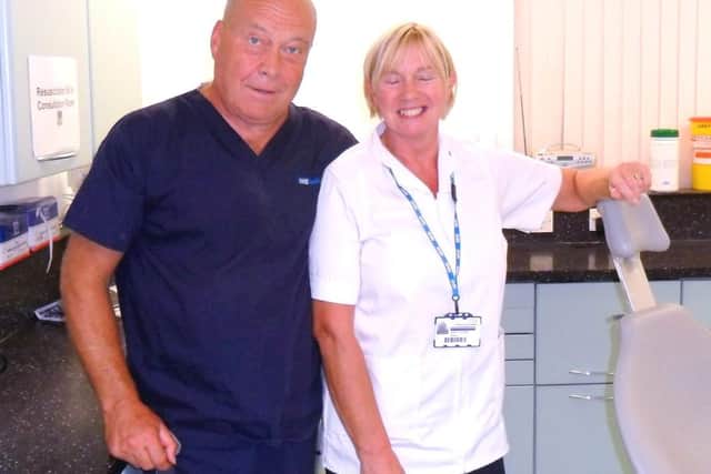 Dental nurse Janet and husband, David, at their last clinical emergency session together at Whitegate Drive Centre,  Blackpool, before David retired as a dentist