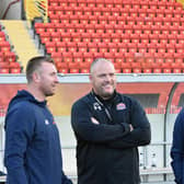Nick Chadwick (left) and Jim Bentley (centre) could finally be reunited on a matchday at AFC Fylde this Tuesday