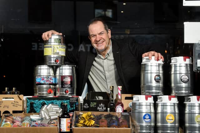Paul Samson, owner of the Shipwreck Brewhouse in Cleveleys, with some of the kegs provided by Lancashire breweries. Picture: Daniel Martino/JPI Media