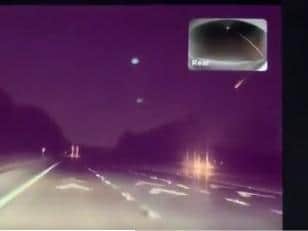 Twitter user Owen Holmes - @Owentec - captured the meteor falling through the sky on his dashcam (top right) while travelling on the M6 at junction 33 near Lancaster. Photo: Owen Holmes