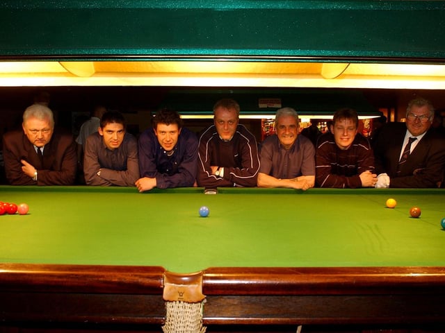Some of the members from the Riley Red Snooker team who have won the league title. From left, referee Tony Graham, Steve Rowlings, Leigh Robinson, Duncan Webb (captain), Steve Almond (vice captain), Lee Cromie and referee John Bell