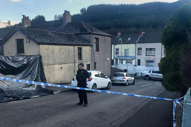 Police at the scene in the village of Ynyswen in Treorchy, Rhondda after a serious incident